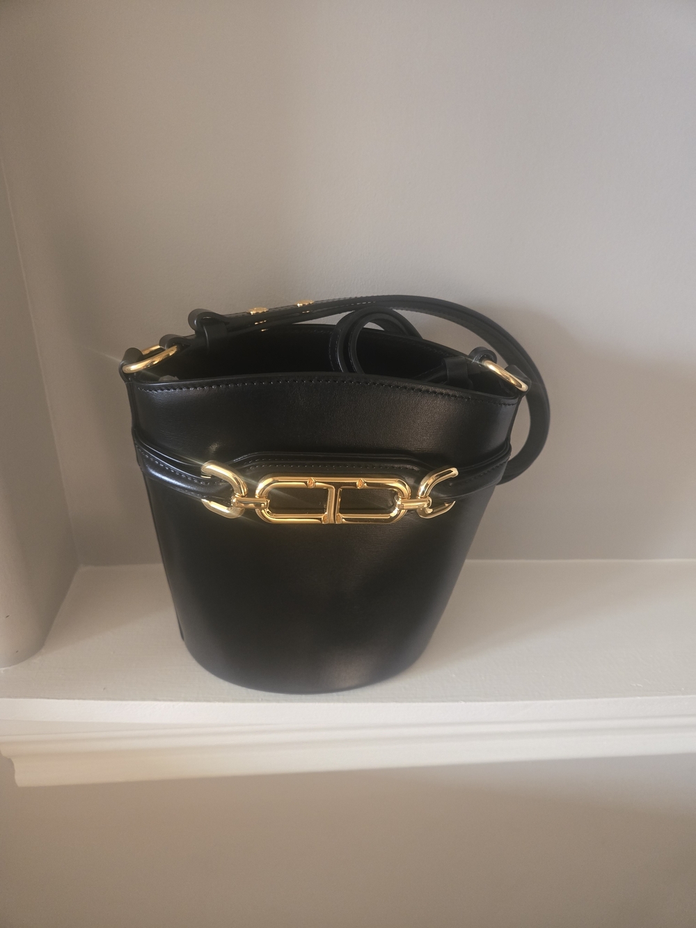 Black Leather Bucket Bag with Gold Hardware